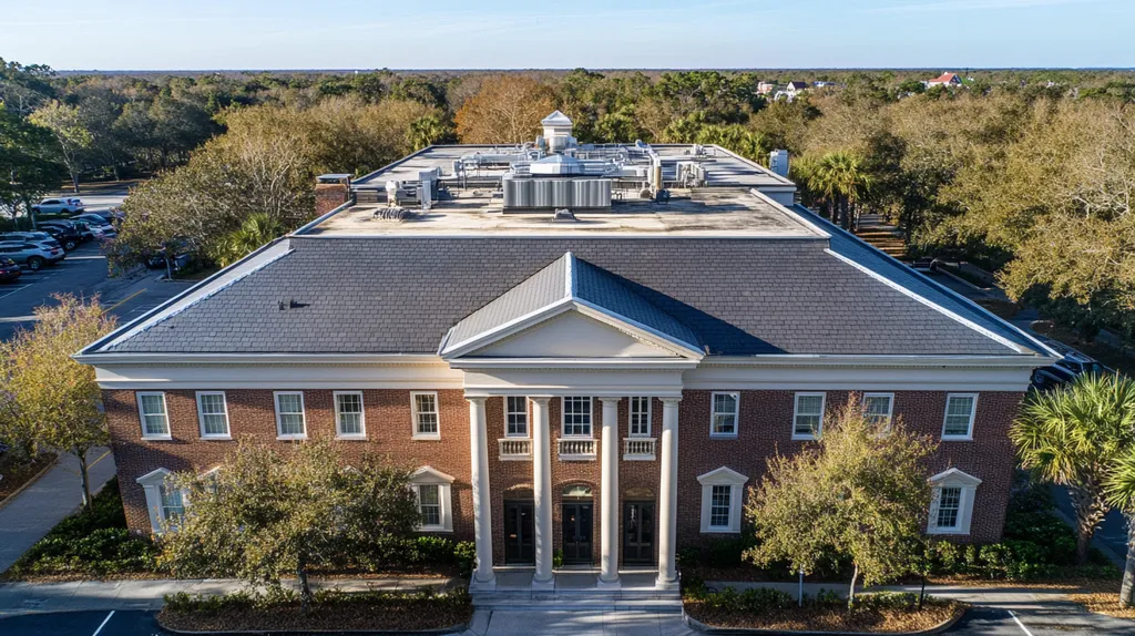 A commercial roof on a mid-rise in a location similar to Charleston with an architectural photography aesthetic (AI image)