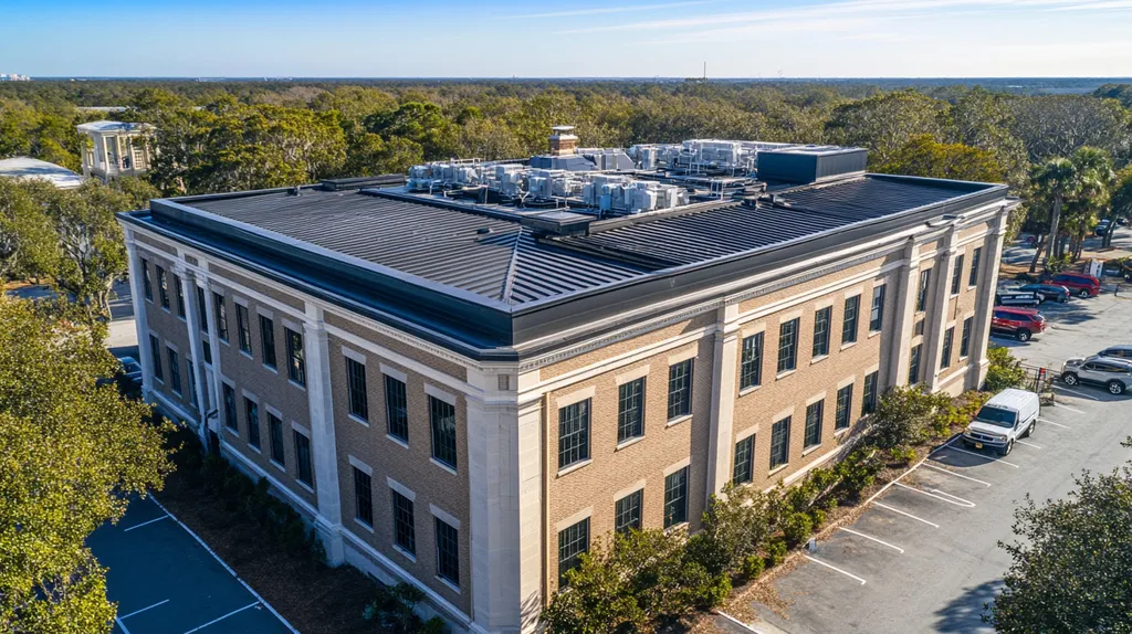A commercial roof on a mid-rise in a location similar to Charleston with an architectural photography aesthetic (AI image)