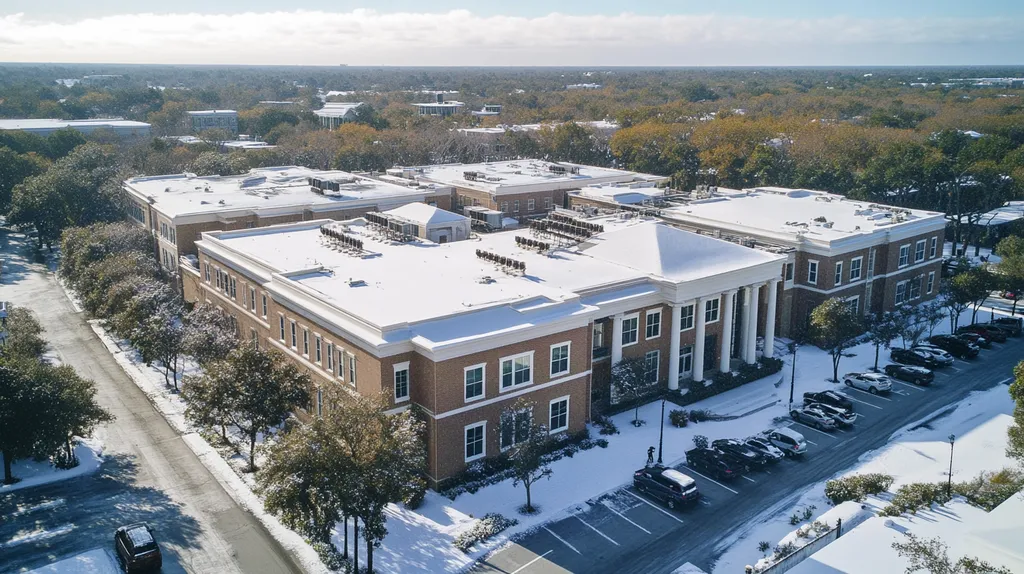 A commercial roof on a mid-rise in a location similar to Charleston with a snowy day aesthetic (AI image)
