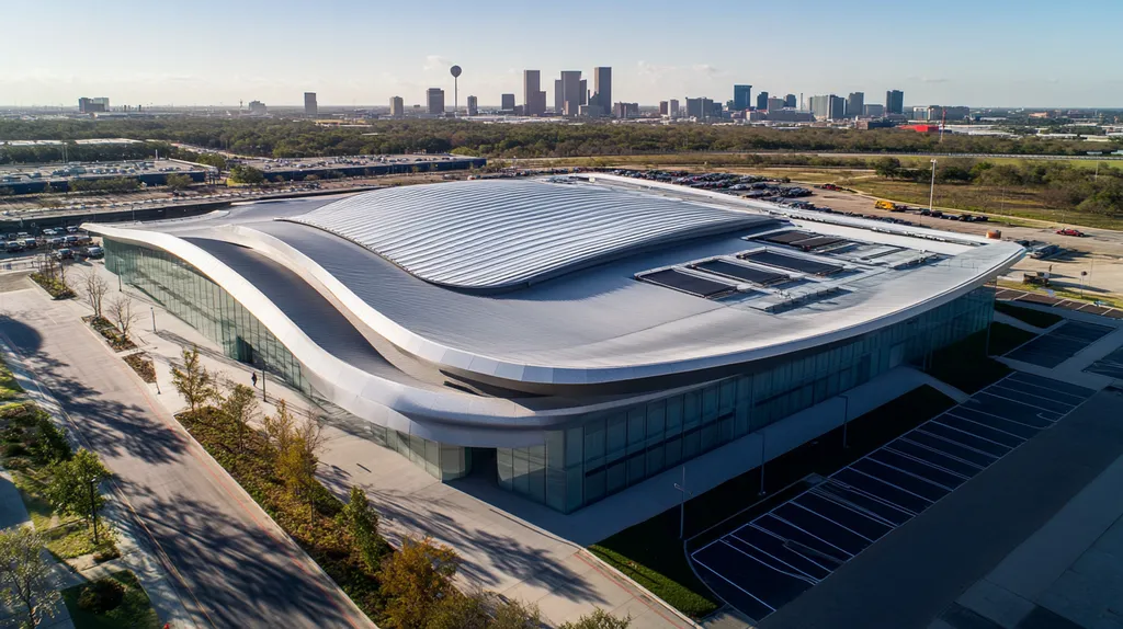 A commercial roof on a post office in a location similar to Houston with a futuristic aesthetic (AI image)