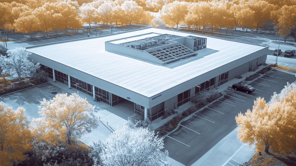 A commercial roof on a post office in a location similar to Houston with an infrared photography aesthetic (AI image)