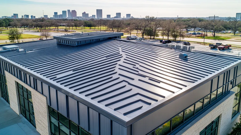 A commercial roof on a post office in a location similar to Houston with a stainless steel aesthetic (AI image)