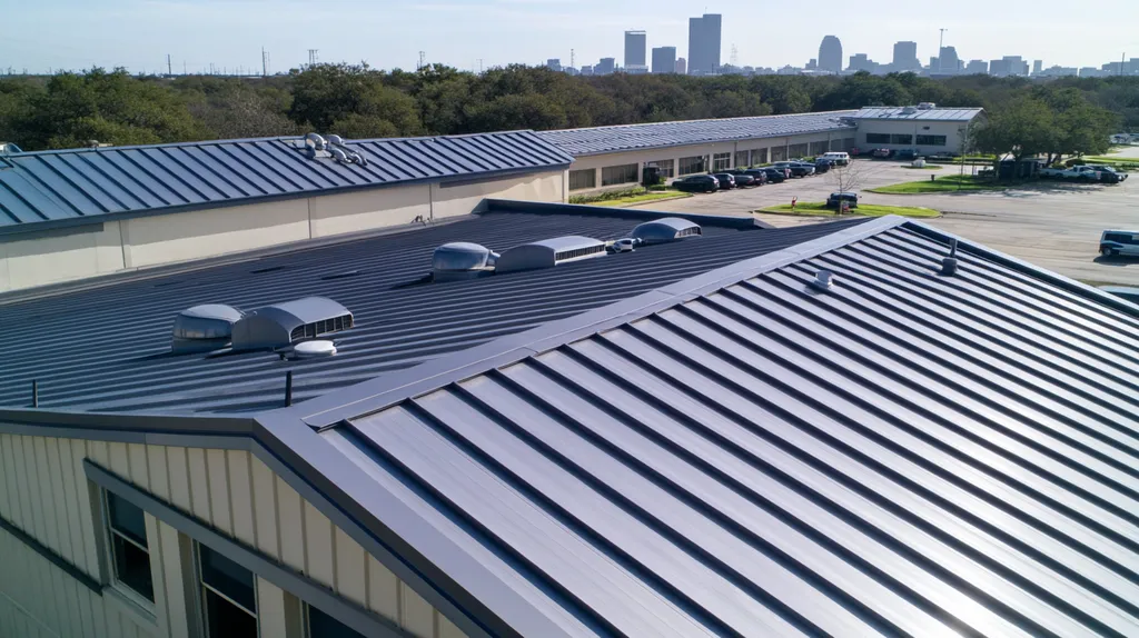 A commercial roof on a post office in a location similar to Houston with a stainless steel aesthetic (AI image)