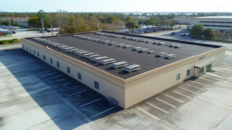 A commercial roof on a post office in a location similar to Jacksonville with a color highlight aesthetic (AI image)