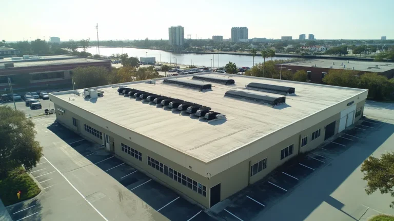 A commercial roof on a post office in a location similar to Jacksonville with a color highlight aesthetic (AI image)