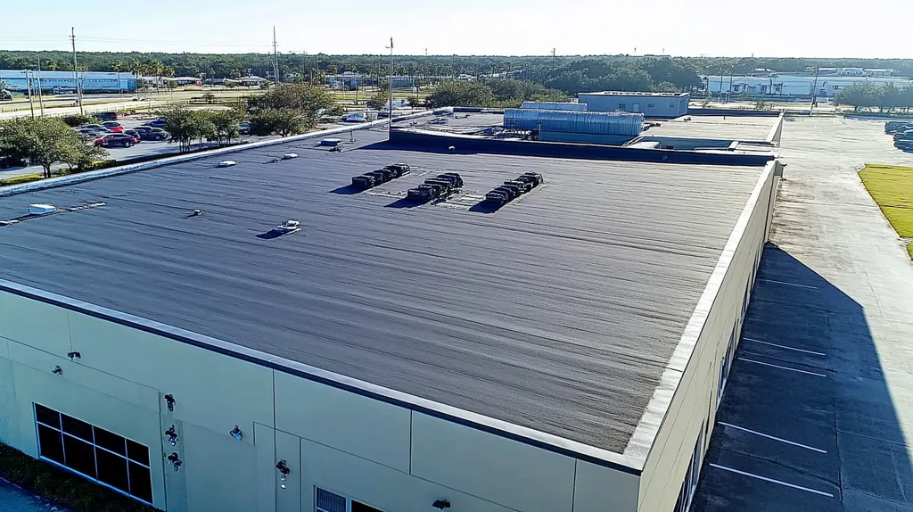 A commercial roof on a post office in a location similar to Jacksonville with a futuristic aesthetic (AI image)