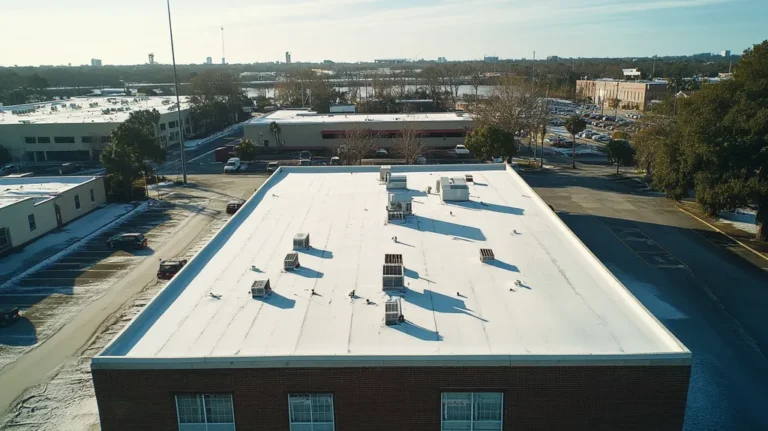 A commercial roof on a post office in a location similar to Jacksonville with a snowy day aesthetic (AI image)