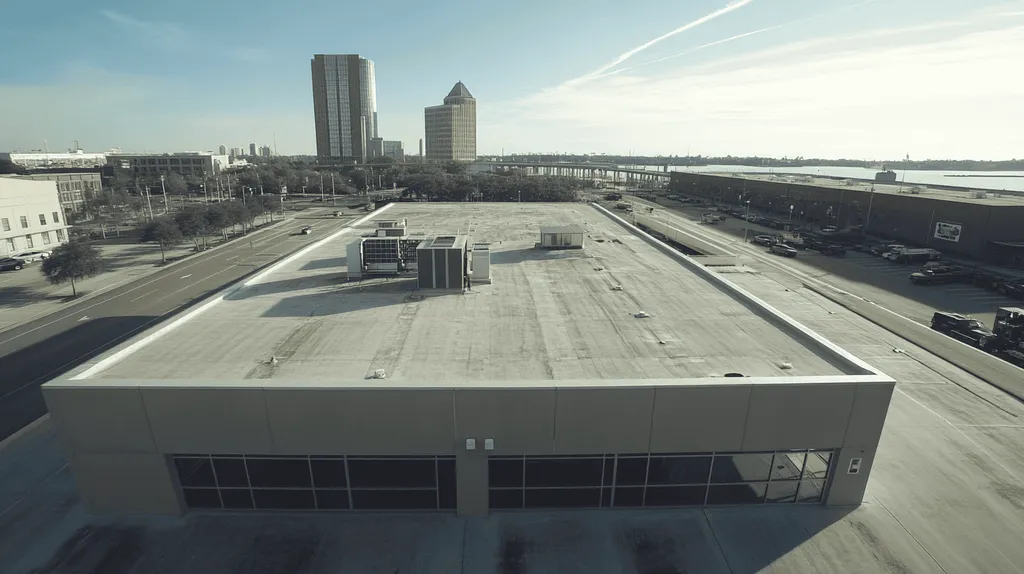 A commercial roof on a post office in a location similar to Jacksonville with an urban context aesthetic (AI image)