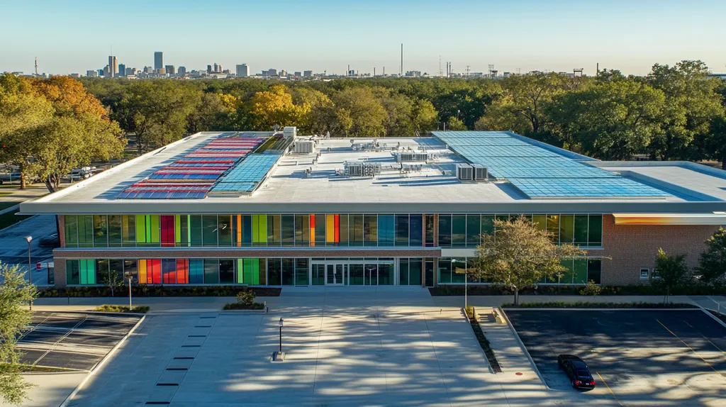 A commercial roof on a public library in a location similar to Houston with a stained glass style aesthetic (AI image)