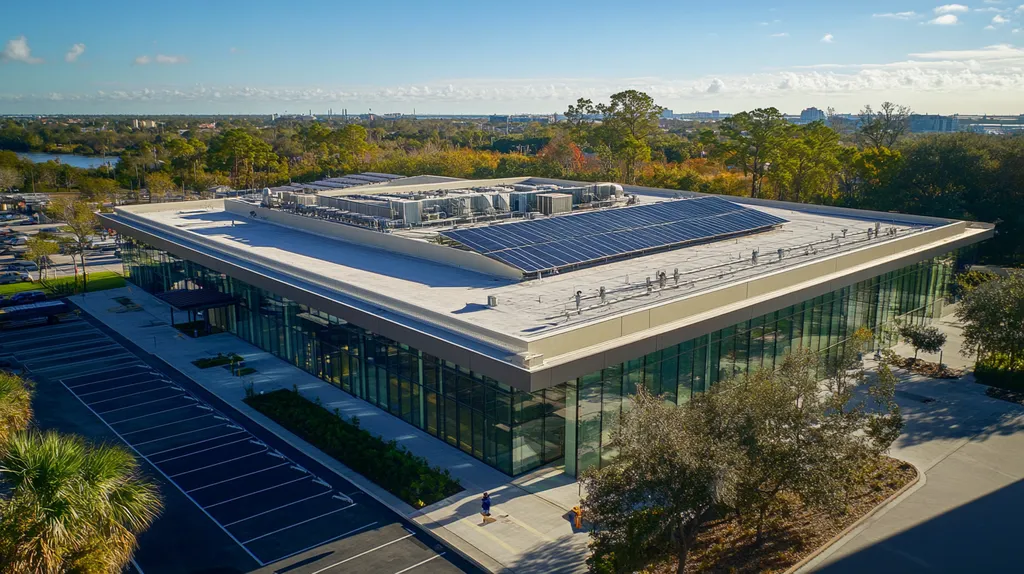 A commercial roof on a public library in a location similar to Jacksonville with an architectural photography aesthetic (AI image)