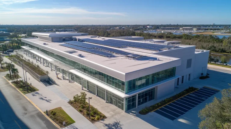 A commercial roof on a public library in a location similar to Jacksonville with an architectural photography aesthetic (AI image)