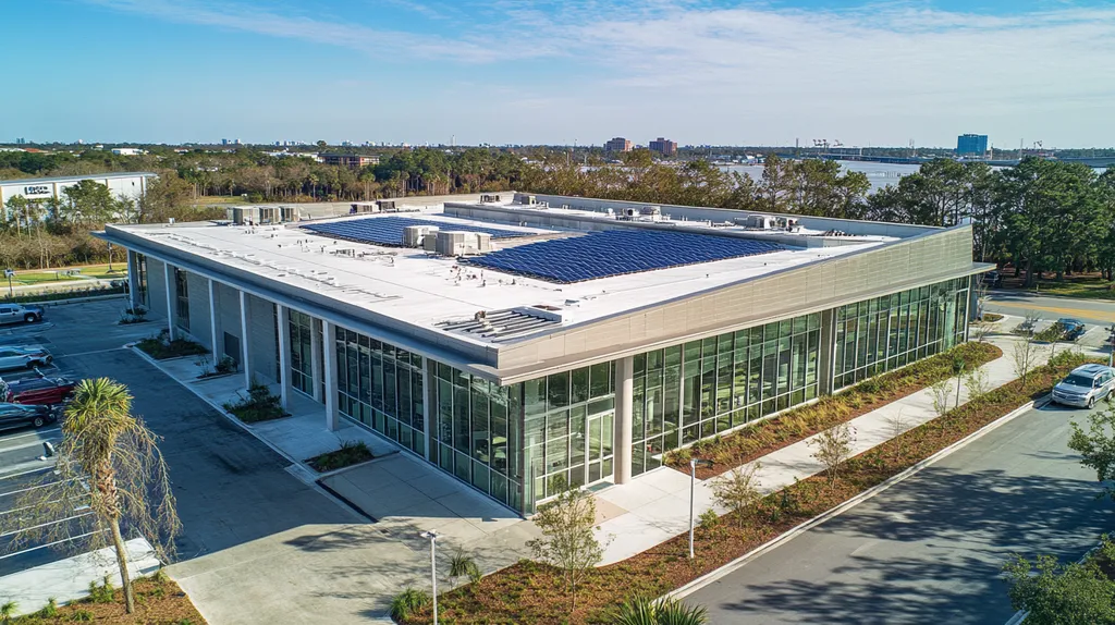A commercial roof on a public library in a location similar to Jacksonville with an architectural photography aesthetic (AI image)