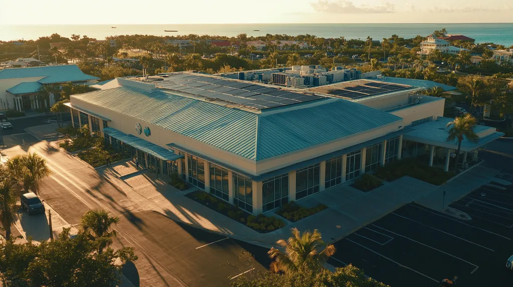 A commercial roof on a public library in a location similar to Key West with an ethereal glow aesthetic (AI image)