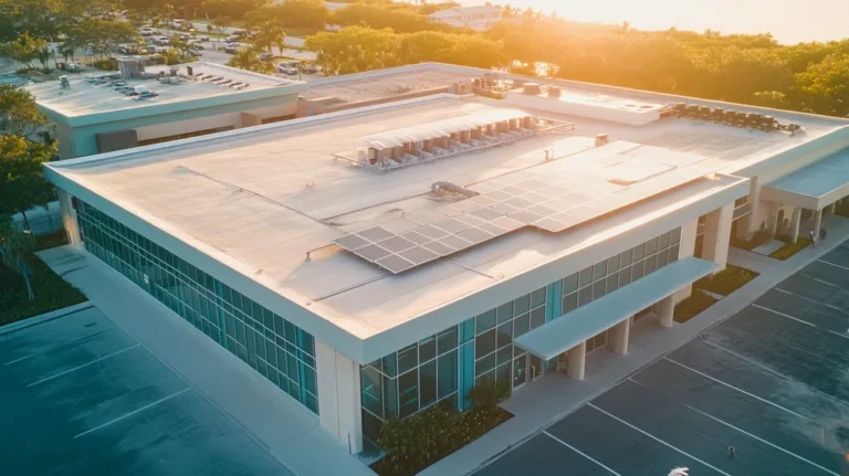 A commercial roof on a public library in a location similar to Key West with an ethereal glow aesthetic (AI image)