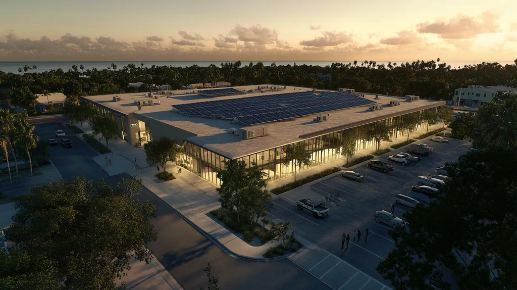 A commercial roof on a public library in a location similar to Key West with an ethereal glow aesthetic (AI image)