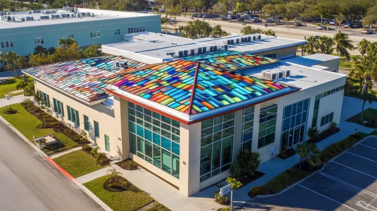 A commercial roof on a public library in a location similar to Key West with a stained glass aesthetic (AI image)