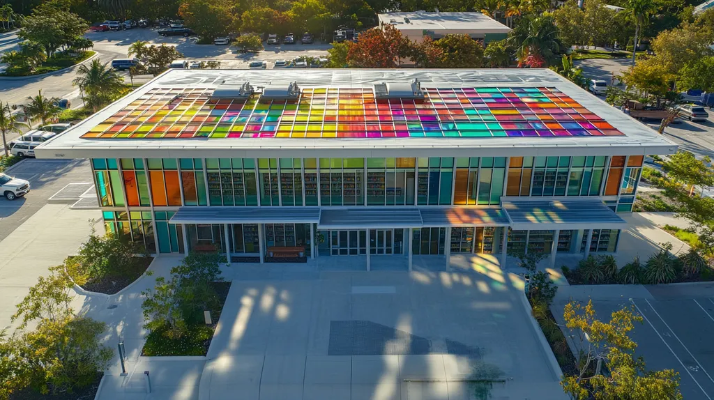 A commercial roof on a public library in a location similar to Key West with a stained glass style aesthetic (AI image)