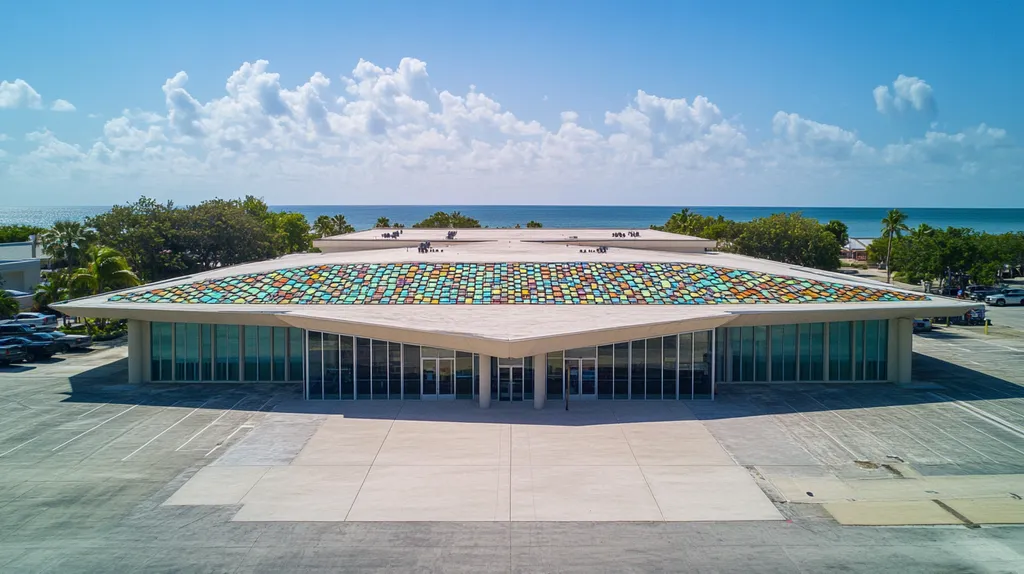 A commercial roof on a public library in a location similar to Key West with a stained glass style aesthetic (AI image)