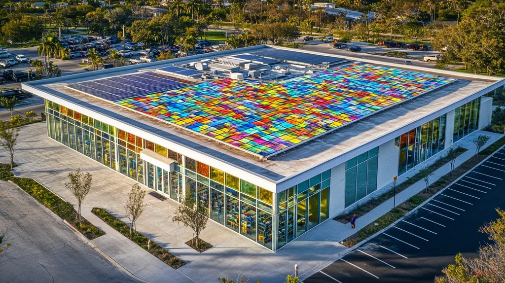 A commercial roof on a public library in a location similar to Key West with a stained glass style aesthetic (AI image)