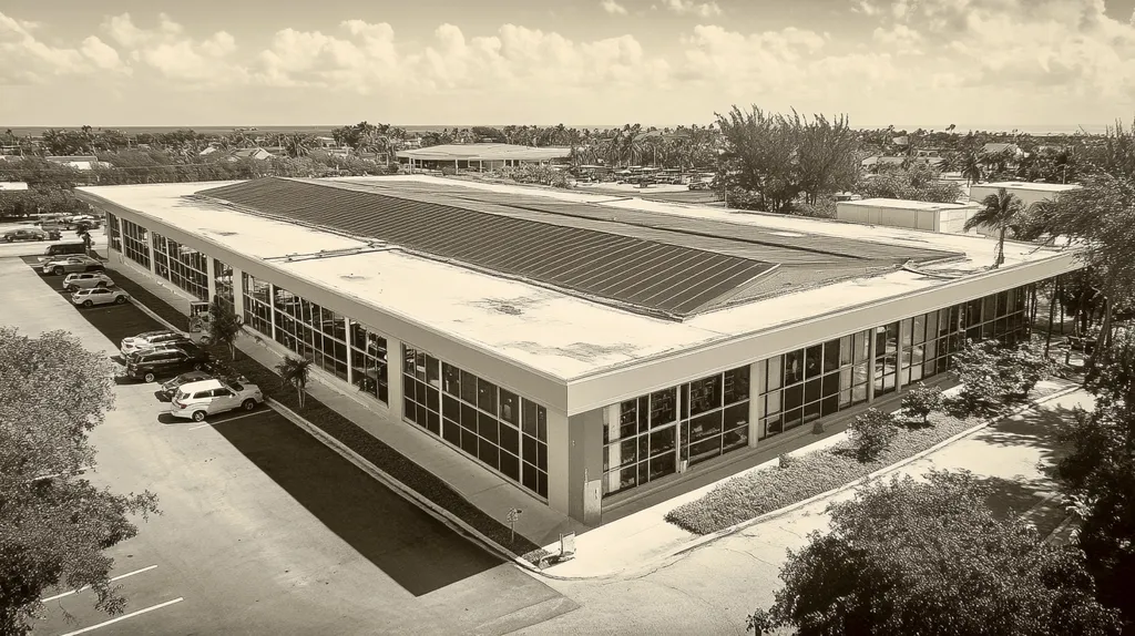 A commercial roof on a public library in a location similar to Key West with a tintype aesthetic (AI image)