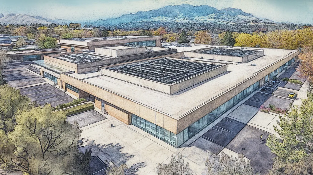 A commercial roof on a research laboratory in a location similar to Boulder with a charcoal sketch aesthetic (AI image)