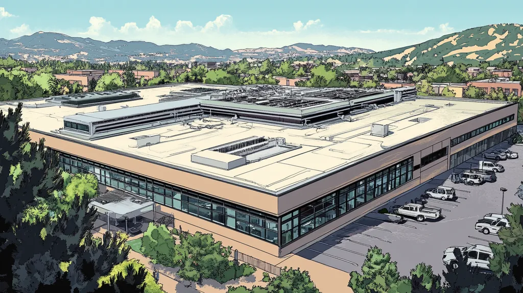 A commercial roof on a research laboratory in a location similar to Boulder with a comic book style aesthetic (AI image)