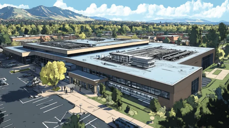 A commercial roof on a research laboratory in a location similar to Boulder with a comic book style aesthetic (AI image)