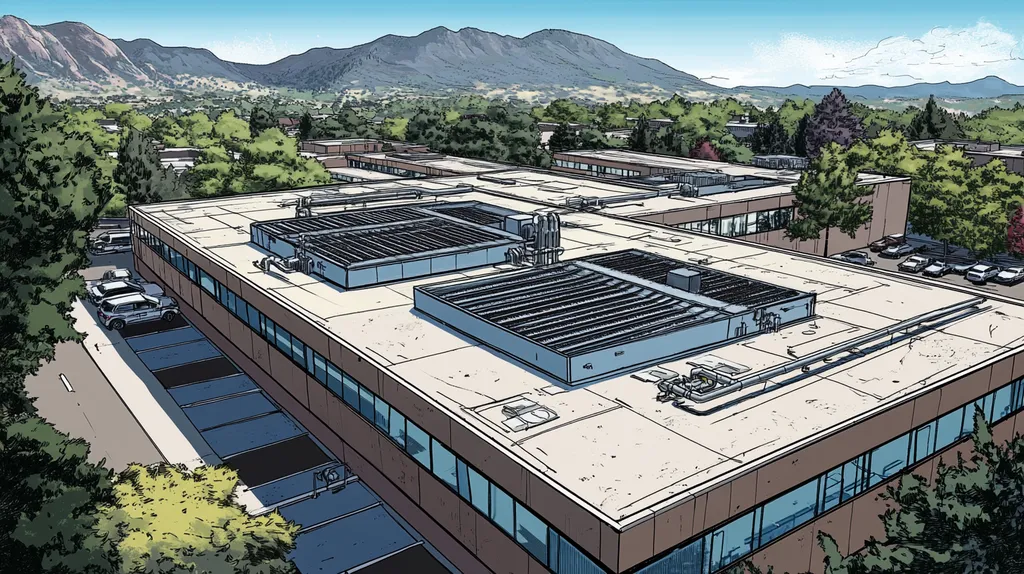 A commercial roof on a laboratory in a location similar to Boulder with a comic book style aesthetic (AI image)