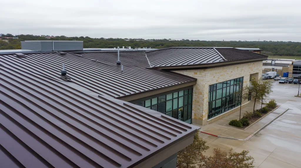 A commercial roof on a school in a location similar to Austin with a rainy day aesthetic (AI image)