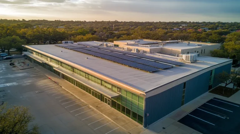 A commercial roof on a school in a location similar to Austin with a rainy day aesthetic (AI image)