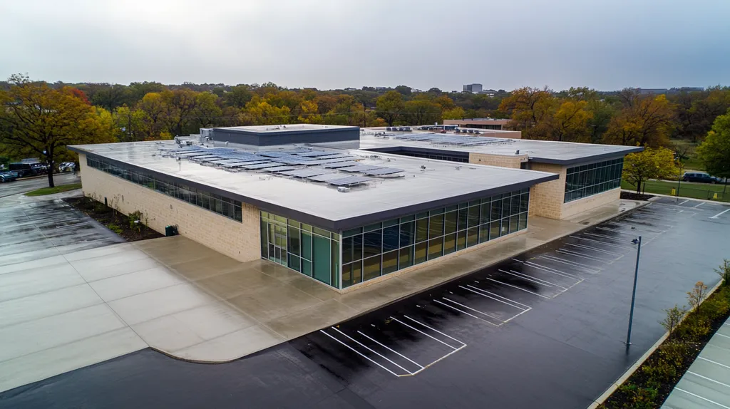 A commercial roof on a school in a location similar to Austin with a rainy day aesthetic (AI image)