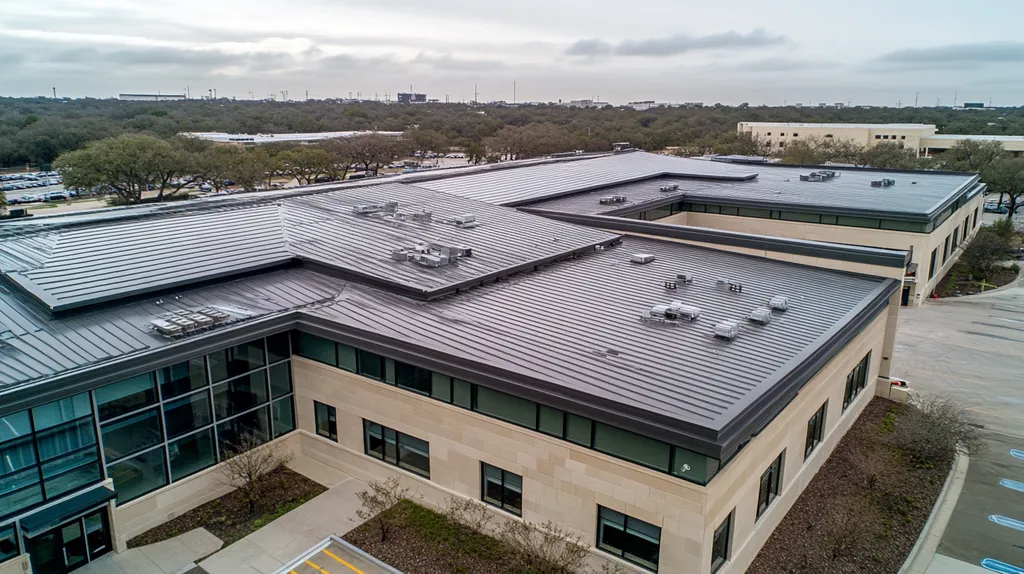A commercial roof on a school in a location similar to Austin with a rainy day aesthetic (AI image)