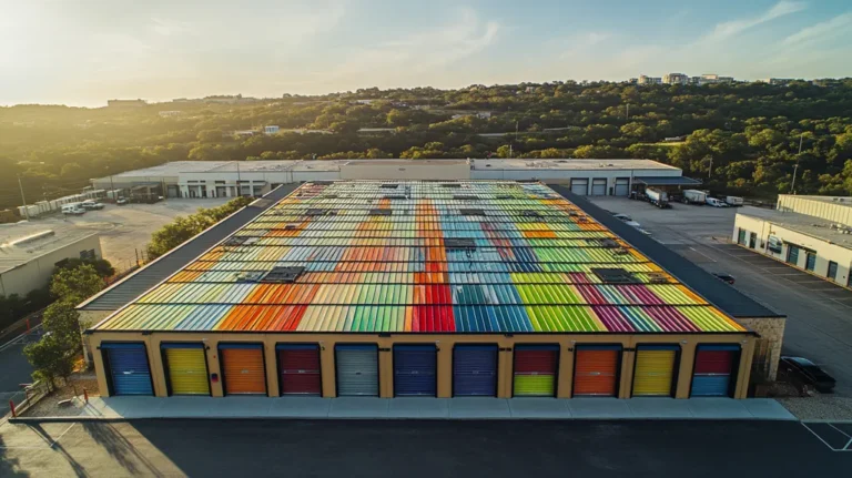 A commercial roof on a storage facility in a location similar to Austin with a stained glass style aesthetic (AI image)
