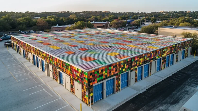 A commercial roof on a storage facility in a location similar to Austin with a stained glass style aesthetic (AI image)