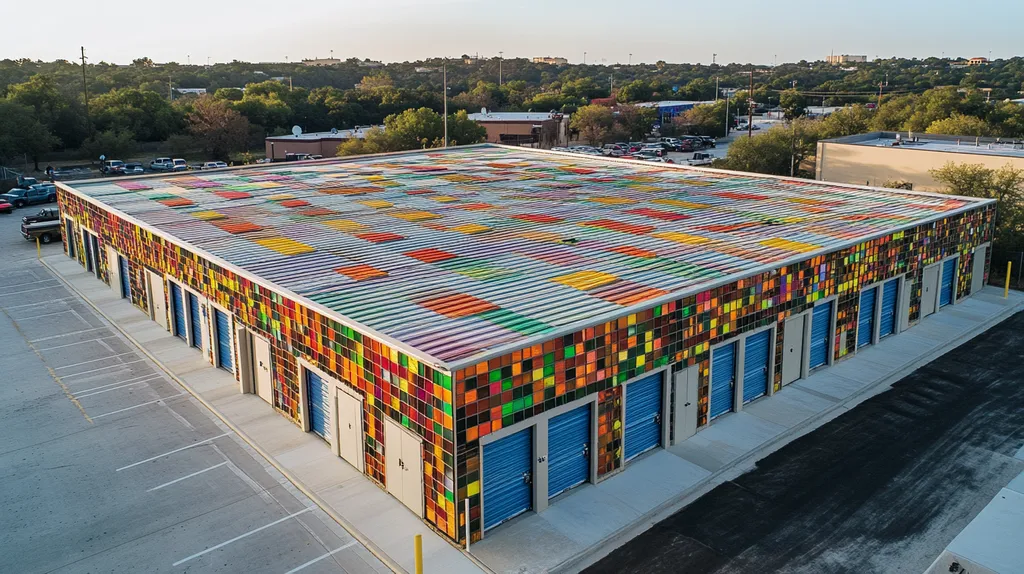A commercial roof on a storage facility in a location similar to Austin with a stained glass style aesthetic (AI image)