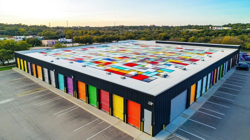 A commercial roof on a storage facility in a location similar to Austin with a stained glass style aesthetic (AI image)