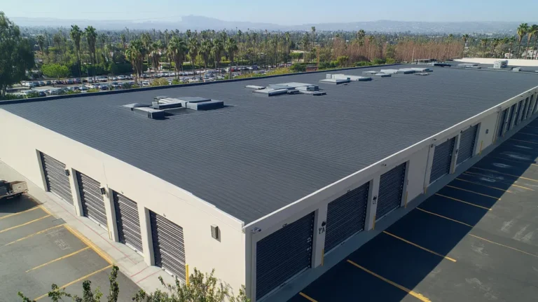 A commercial roof on a storage facility in a location similar to Beverly Hills with a color highlight aesthetic (AI image)