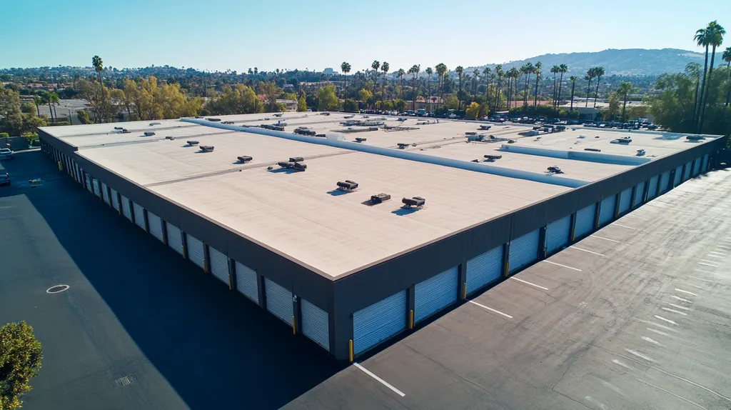 A commercial roof on a storage facility in a location similar to Beverly Hills with a color highlight aesthetic (AI image)