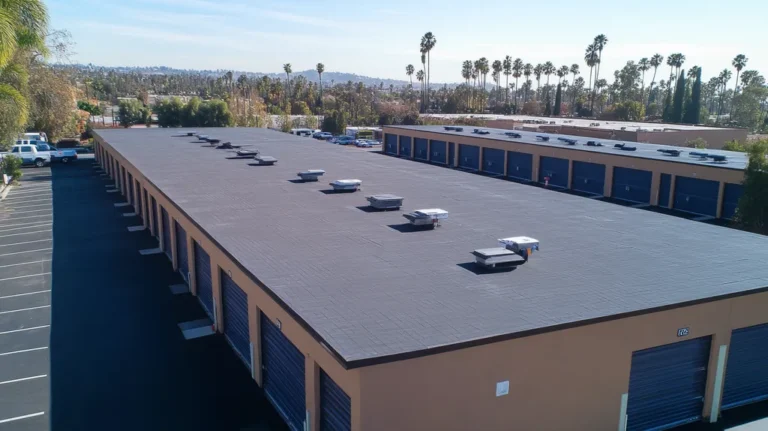 A commercial roof on a storage facility in a location similar to Beverly Hills with a cross-processed look aesthetic (AI image)