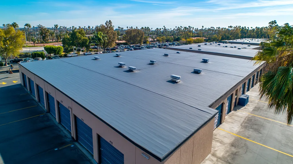 A commercial roof on a storage facility in a location similar to Beverly Hills with a cross-processed look aesthetic (AI image)