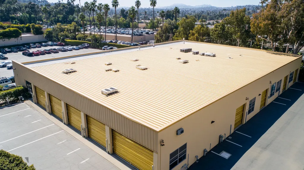 A commercial roof on a storage facility in a location similar to Beverly Hills with a solid gold aesthetic (AI image)