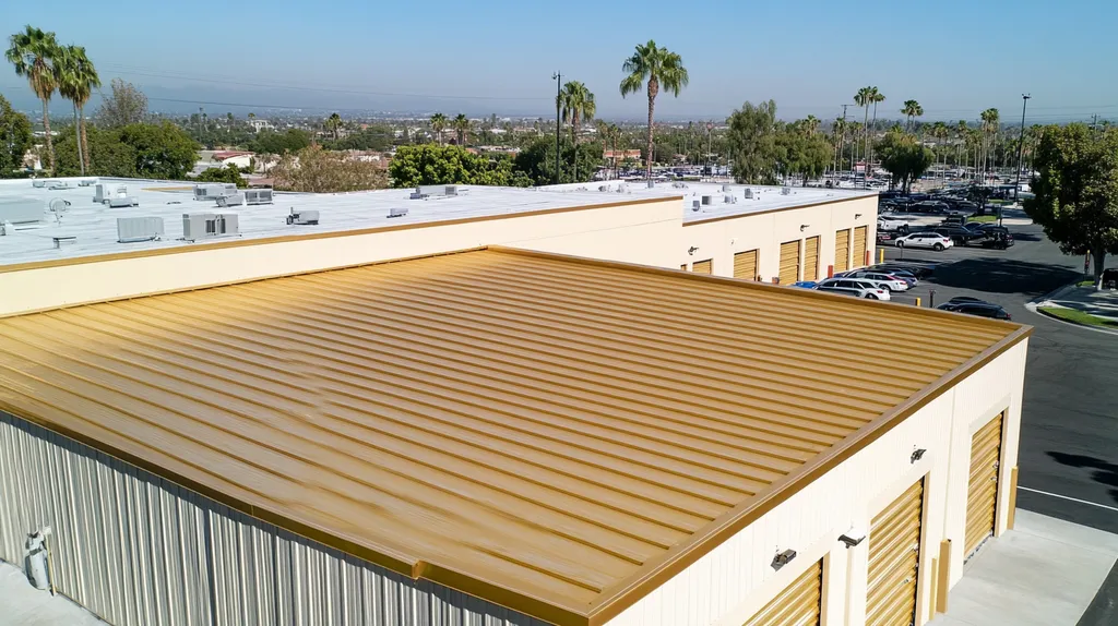 A commercial roof on a storage facility in a location similar to Beverly Hills with a solid gold aesthetic (AI image)