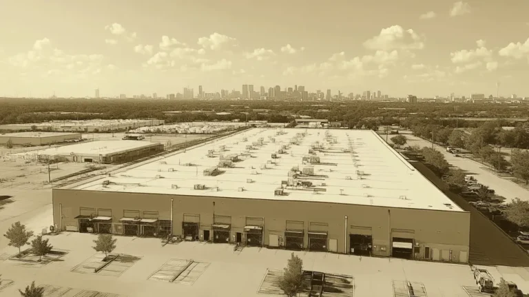 A commercial roof on a warehouse in a location similar to Houston with an architectural sketch rendering aesthetic (AI image)