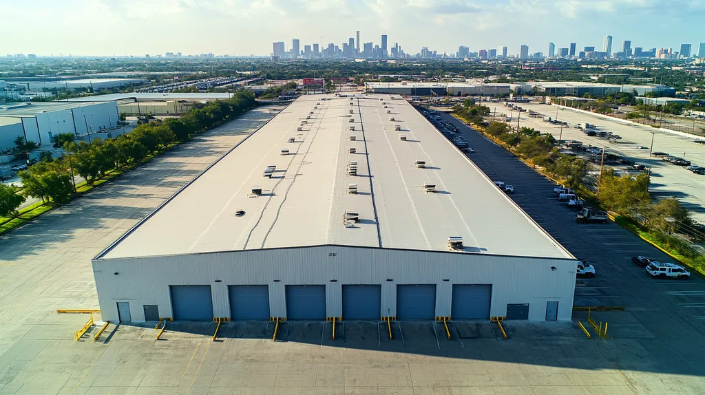 A commercial roof on a warehouse in a location similar to Houston with a color highlight aesthetic (AI image)