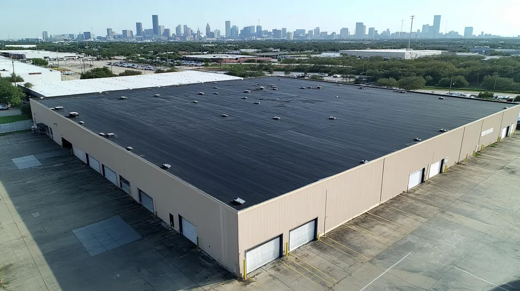 A commercial roof on a warehouse in a location similar to Houston with a color highlight aesthetic (AI image)