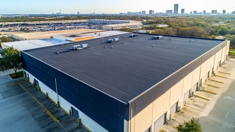 A commercial roof on a warehouse in a location similar to Houston with a cross-processed look aesthetic (AI image)
