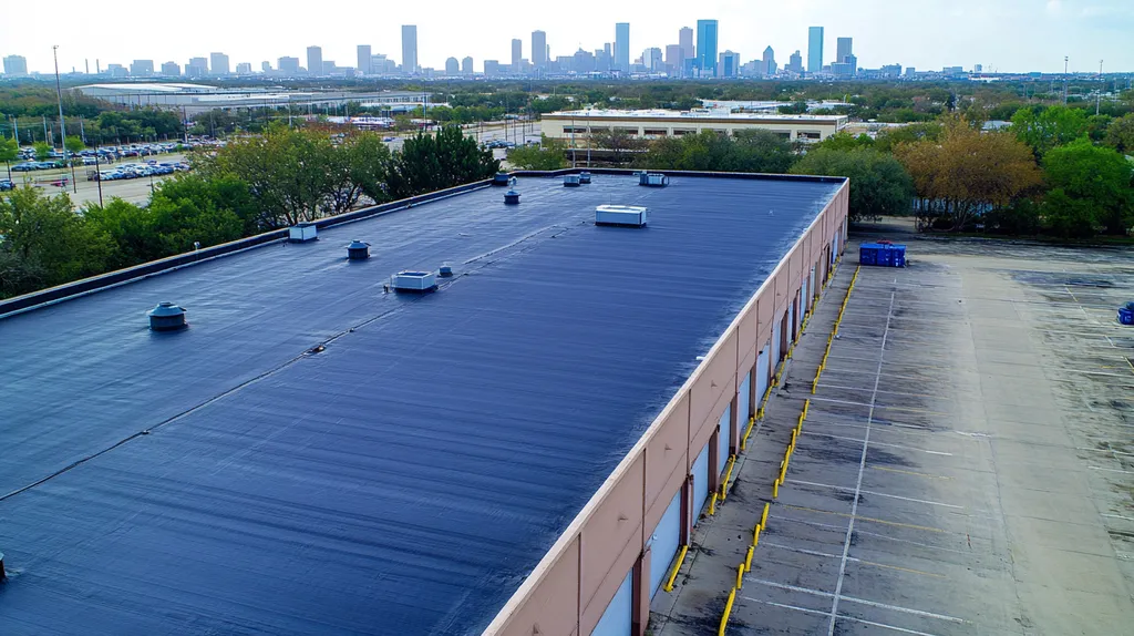 A commercial roof on a warehouse in a location similar to Houston with a cross-processed look aesthetic (AI image)