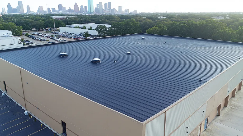 A commercial roof on a warehouse in a location similar to Houston with a futuristic aesthetic (AI image)