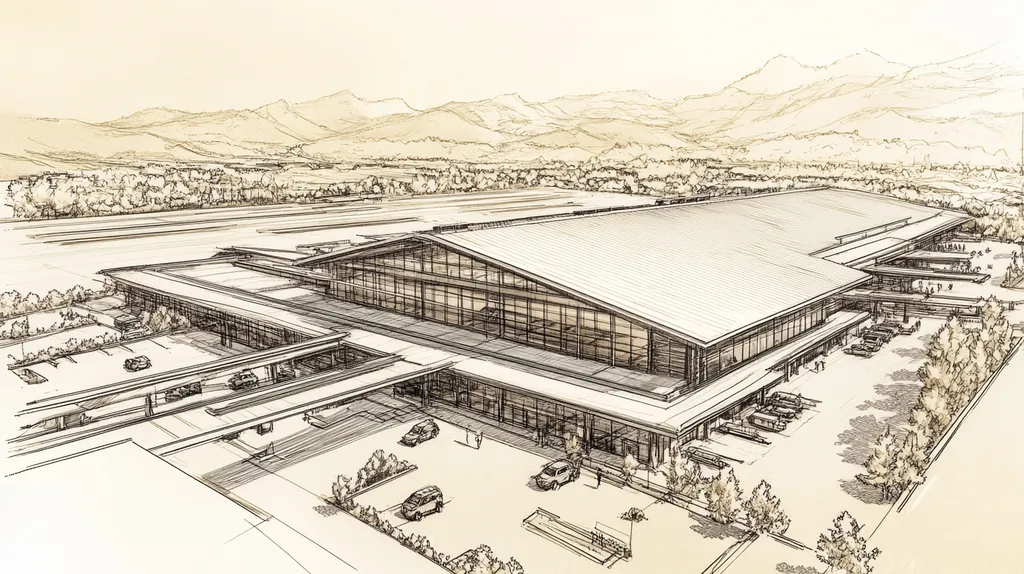 A commercial roof on an airport terminal in an area similar to Aspen with an architectural sketch rendering aesthetic (AI image)