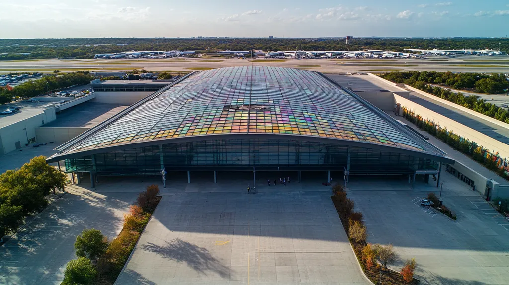 A commercial roof on an airport terminal in a location similar to Austin with a stained glass style aesthetic (AI image)